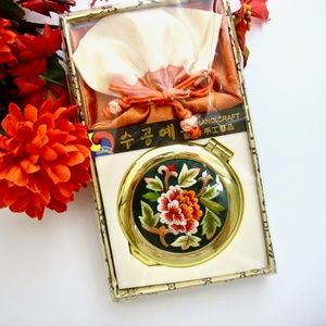 Mirror Compact, NIB, Floral Silk Embroidery, 1980s